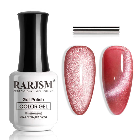 RARJSM Cat Eye Gel Nail Polish Nude Red 9D Cateye Galaxy Universal Glitter Shimmer Velvet Ice Gel Polish 15ml Single Bottle with Magnetic Stick UV LED Curing Requires Soak Off Home Salon DIY Manicure