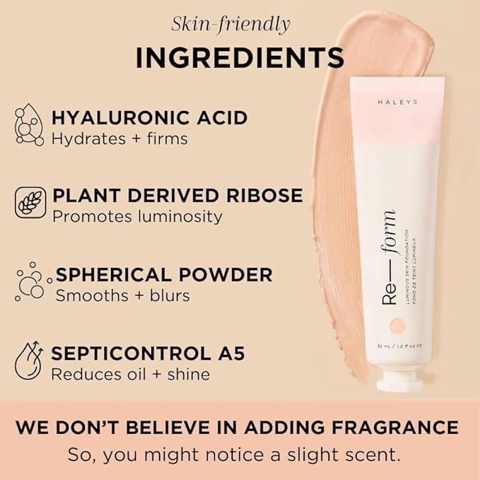 HALEYS Re-form Luminous Skin Foundation, VEGAN + CRUELTY-FREE, Blurs, Conceals, Blendable, Buildable Med-to-Full Coverage, Weightless, Oil-free, All-Day Wear, Hyaluronic Acid, All skin types (7.25)