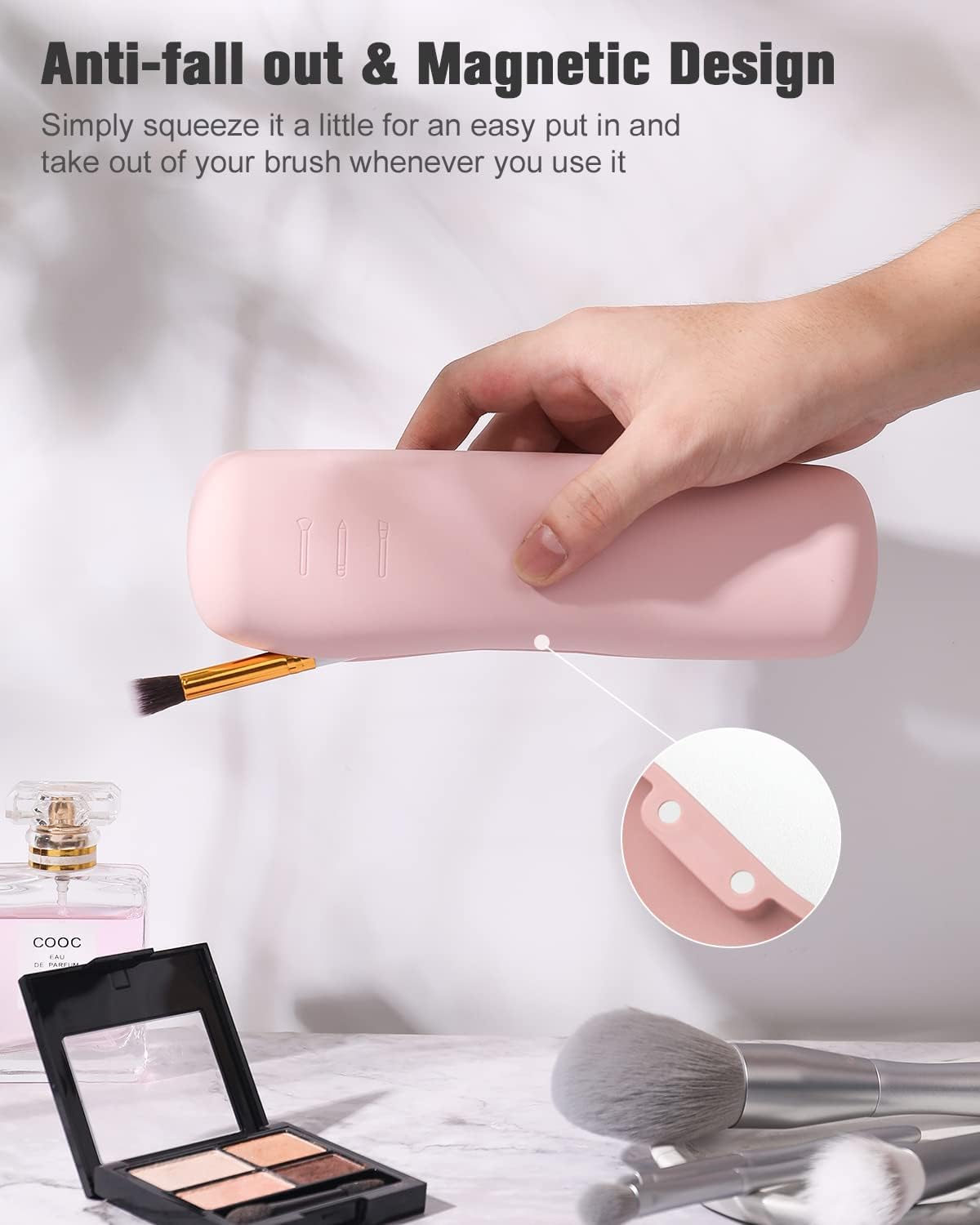 FERYES Travel Makeup Brush Holder, Magnetic Anti-fall Out Silicon Portable Cosmetic Face Brushes Holder, Soft and Sleek Makeup Tools Organizer for Travel-Pink