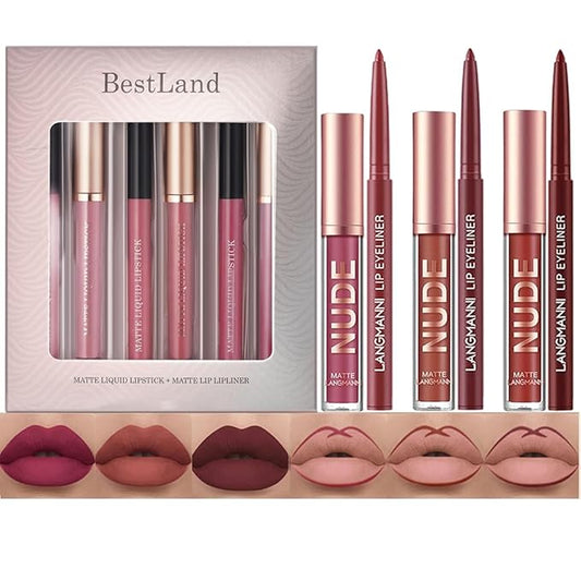 BestLand 6Pcs Matte Liquid Lipstick + Lip Liner Pens Set, One Step Lips Makeup Kits Pigment Velvety Nude Lip Stain Waterproof Long Wear Lip Gloss Make up Gift Set (Vintage Charm Lip Set)