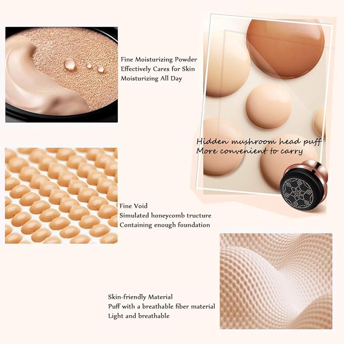 GL-Turelifes Mushroom Head Air Cushion Foundation CC Cream Water Feeling Flawless BB Cream Moisturizing Oil Control, Lightweight & Smoothing Natural Concealer (Apricot)