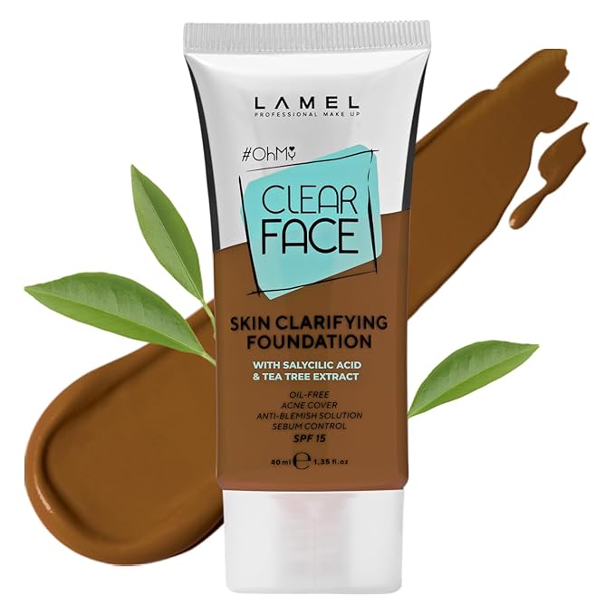 LAMEL OhMy Clear Face Full Coverage Foundation - Acne Coverage - Salicylic Acid & Tea Tree Extract - Dewy & Flawless Finish - Sensitive Skin Care - Organic & Oil-Free - 409, 1.35 fl.oz