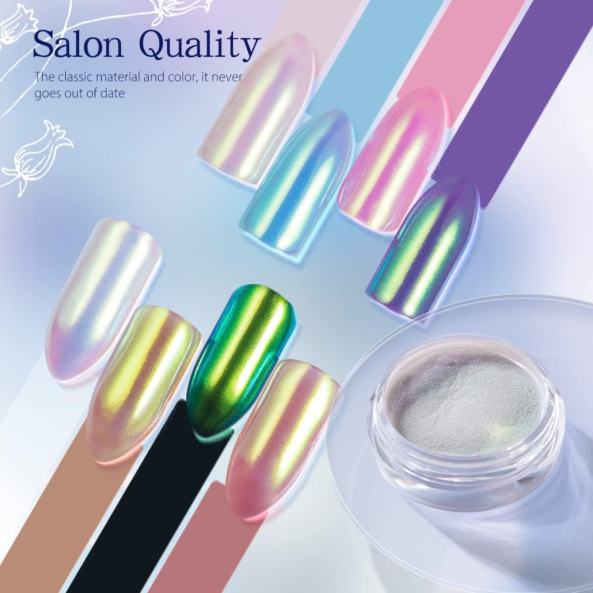 Pretty Diva Aurora Chrome Nail Powder - Mermaid Unicorn Chrome Powder for Nails, Aurora Iridescent Nails Chrome Powder Glitter Manicure Pigment