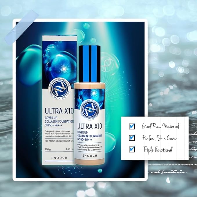 Enough Ultra X10 Cover Up Collagen Foundation, SPF50+ PA+++, 13 Light Beige, 3.53 oz (100 g)