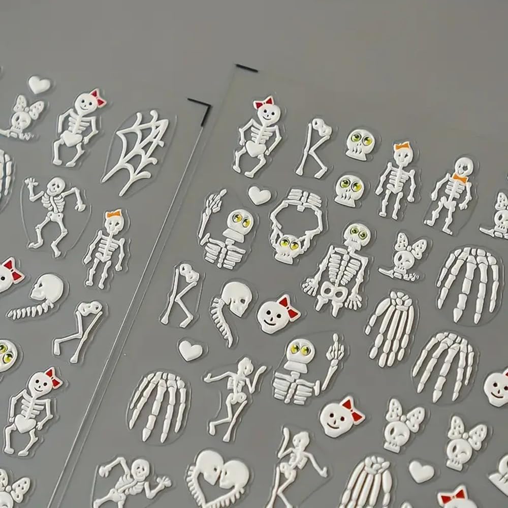 2 Sheets Halloween 5D Embossed Nail Art Stickers - Skeleton, White Skull Nail Stickers with Spider Web Heart Design - Self-Adhesive Horror Decals for Women - Art Supplies and Decorations