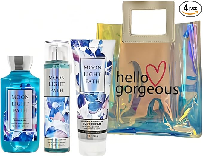 Bath & Body Works - 3 Piece Bundle - Spray - Body Cream - Shower Gel - Full Size and Gift Bag HELLO GORGEOUS (Moonlight Path)