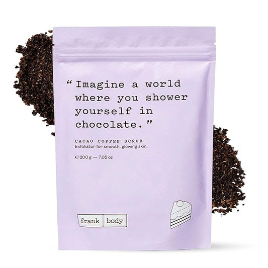 Frank Body Cacao Coffee Scrub | Natural, Vegan, Cruelty Free Exfoliating Body Scrub Smooths, Hydrates, and Nourishes Skin with Cacao Extract, Macadamia Oil, and Vitamins A, E, and D | 7.05 oz / 200 g