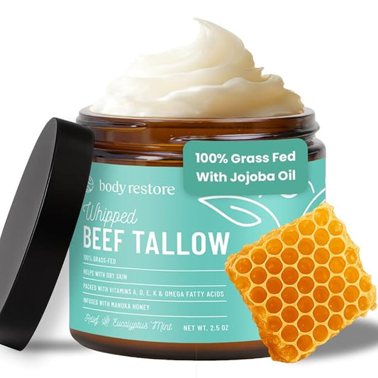 Body Restore Grass Fed Whipped Beef Tallow for Skin, Face, Body, Dry Skin - with Manuka Honey, Jojoba Oil, Birthday Gifts for Women, Men, Travel Essentials, Self Care - Eucalyptus