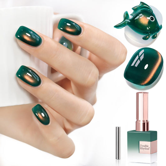 Double Rhythm 0.5 OZ Cat Eye Gel Polish with Magnet 15ML Holographic Glitter Shimmer Translucent Jelly Color Magnetic Nail Polish Salon DIY at Home (Golden Green-MC1287)