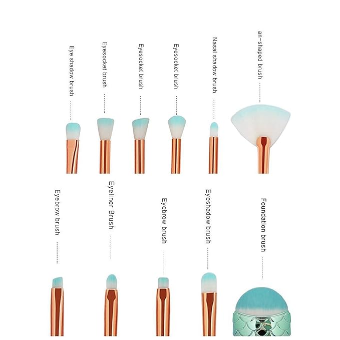 Funfunman Makeup Brushes 11PCS Make Up Foundation Eyebrow Eyeliner Blush Cosmetic Concealer Brushes(Mermaid Colorful)