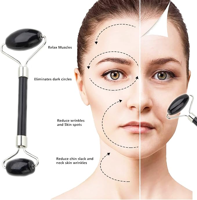 Eye Mask Set (2packs) - Hot and Code Eye Mask and Facial Roller Tools Set 100% Natural Jade Stone Beauty Massage Body Eyes Neck for Dark Circles and Puffiness-Color Black
