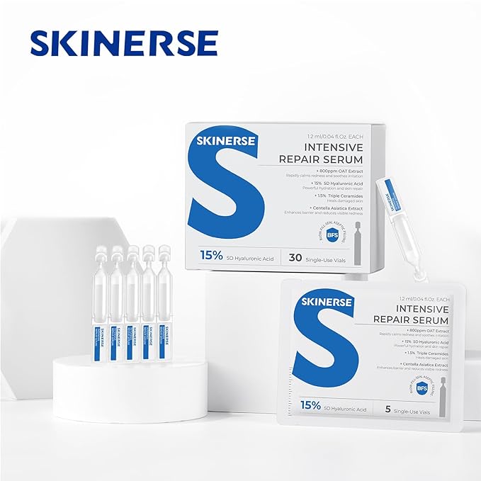 Intensive Repair Serum, 15%Hyaluronic Acid for Sensitive Skin Anti Aging Ultra Hydrating Serum for Face Calming Barrier Repair Redness Relief with Ceramides Centella 30Vials Daily Travel Care