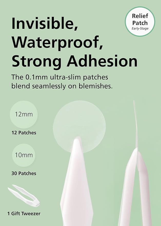EasyDerm Relief Invisible Patch(42 counts) I Contains 10,000ppm of Tea Tree Oil, Pimple Patch, Ultra-slim 0.1mm, Waterpoof, Korean Pimple Patches Back to School MUST HAVE
