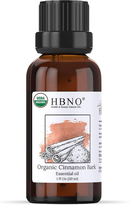 HBNO Organic Cinnamon Bark Essential Oil - 1 oz (30ml) Size - Ideal for Diffusers, Cleaning Agents, Skincare, and Haircare.