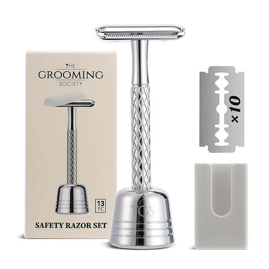 Double Edge Safety Razor for Men with Stand and Silicone Cover - Durable Metal Eco-Friendly Single Blade Safety Razor with 10 Blades- Closed Smooth Shave (Silver)