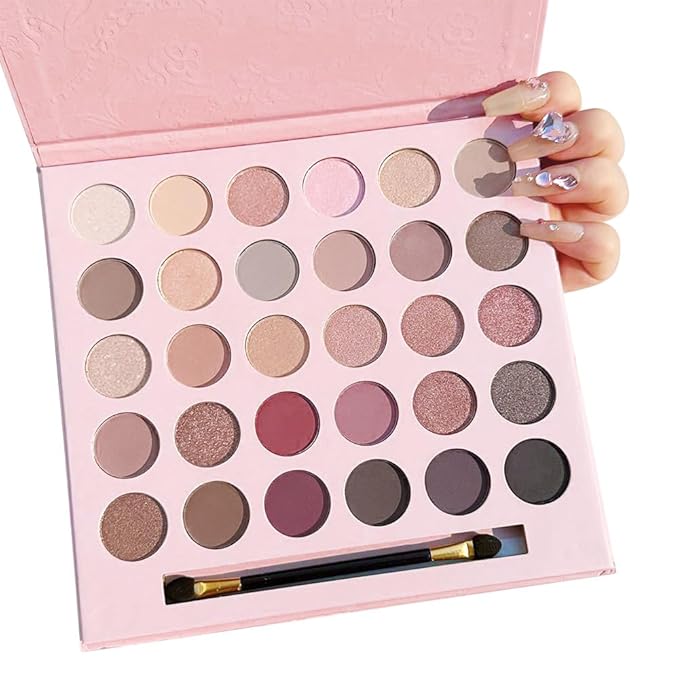30 Colors Nude Champagne Gold Matte Shimmer Eyeshadow Palette with Brush for Eye Makeup,High Pigmented Pink Purple Brown Eye Shadow Primers Powder Palet de sombras de ojos-Big30