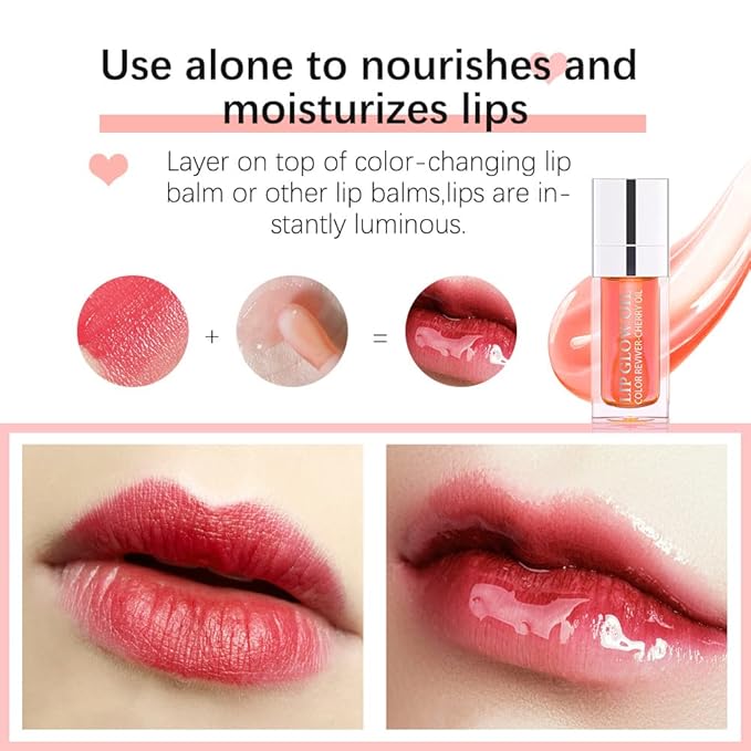 Plumping Lip Oil - Hydrating Lip Oil Plumping Lip Gloss, Crystal Jelly Moisturizing Lip Oil/Polished Lip Oil Lines/Tint Moisturizing Transparent Lip Balm Care Stick (Cherry)