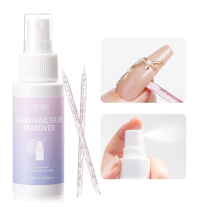 Gellen 2 Pack Solid Nail Glue Gel Remover 60ML Press On Nails Remover Glue Off Spray for False Acrylic Tips, with Stick, Acetone Free, Nail-friendly