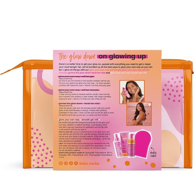 b.tan Clear Self Tanning Gel Travel Size Kit | Glow Your Own Way Gift Set - Includes Mini Dark Fake Tanner Mousse, Gradual Bronzing Face Mist, Express Transfer Free Tan Gel, & Applicator Mitt