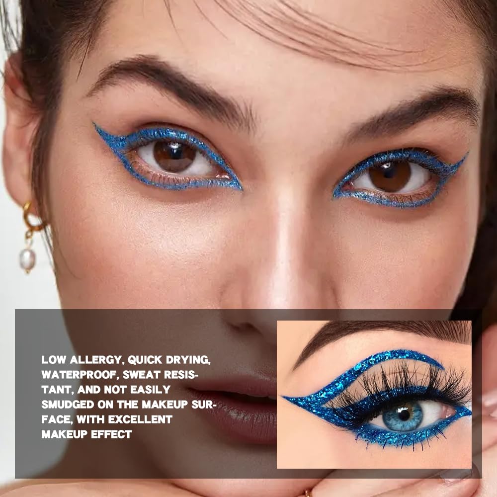 evpct 1Pcs Royal Blue Glitter Liquid Eyeliner Makeup, Light Blue Metallic Shimmer Eyeliner Liquid Eye Liner Eyeshadow Pencil Face Gems Glitter Facepaint Makeup, Blue Eyelashes Mascara hair Accessories