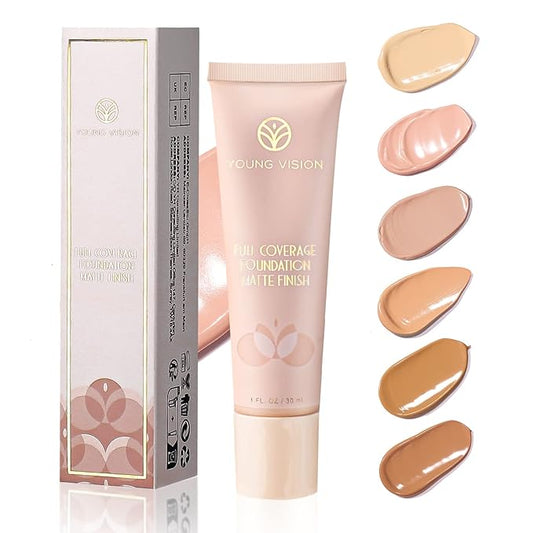 YOUNG VISION Full Coverage Longwear Foundation, Matte Finish, Waterproof, Poreless Liquid Foundation Makeup, Base de Maquillaje Alta Cobertura, 1 fl.oz