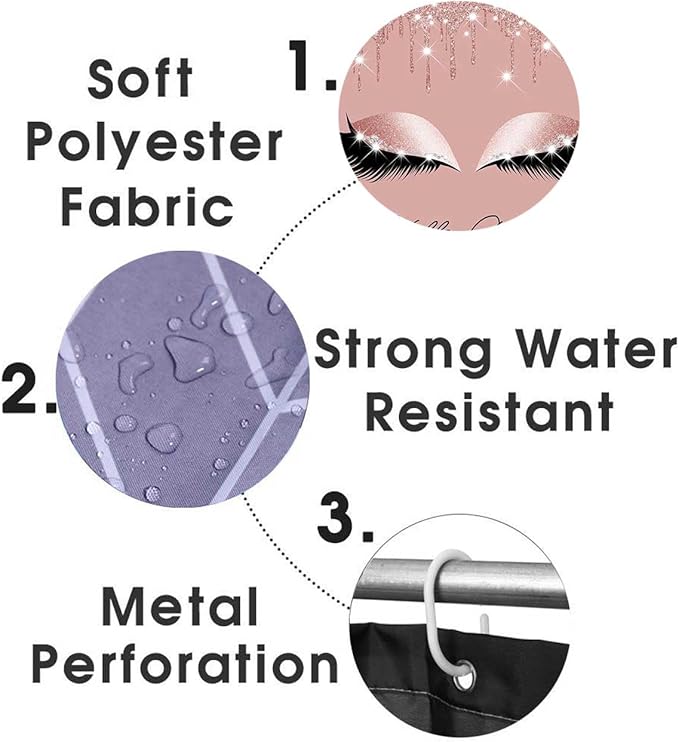 4PCS Hello Gorgeous Shower Curtain Set, Eyelash Makeup Glam Fashion Girly Pink Bathroom Decor for Women Girls, Waterproof Fabric Shower Curtain, Non-Slip Bath Mat Toilet Rug, Rose Gold Glitter