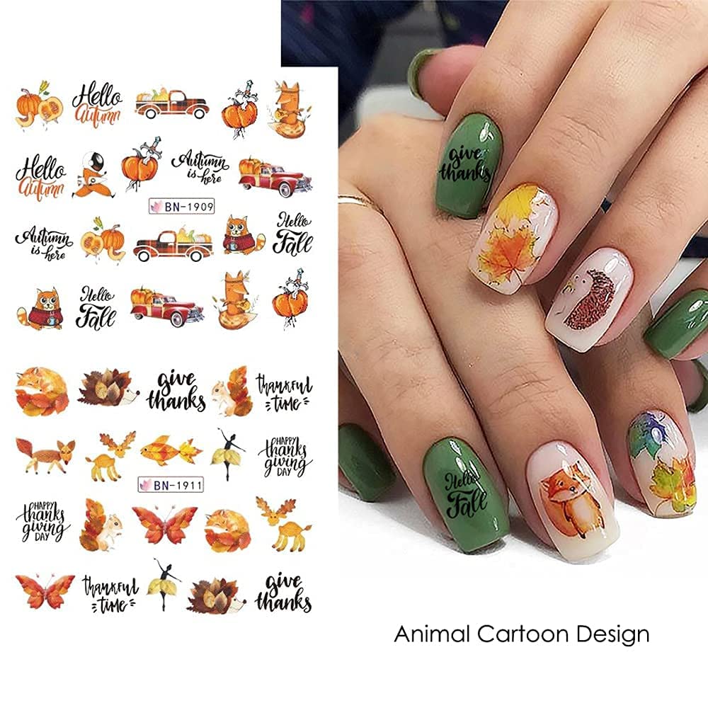 Fall Nail Art Stickers Maple Leaf Water Transfer Nail Decals Nail Supplies Autumn Maple Leaves Pumpkin Turkey Fox Design Watermark Nail Art Decorations Thanksgiving Day Stickers Manicure Tips 12Pcs