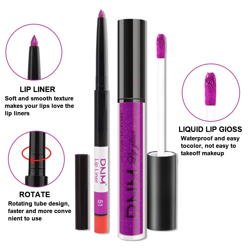 evpct 2Pcs Purple Shimmer Glitter Shiny Liquid Lipstick Lip Gloss Stain and Retractable Lip Liner Makeup Set for Women Long Lasting Waterproof 24 Hours Lipstick labial mate larga duracion 24 51#