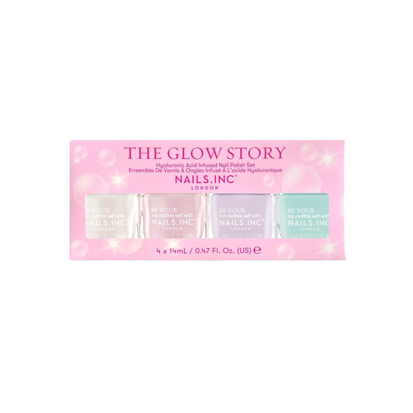 Nails Inc The Glow Story Nail Polish Set, Hyaluronic Acid, Glossy, No Chip, Long Lasting, Quick Dry, Air Dry, Professional Manicures & Pedicures, Fingernails & Toenails, Vegan Nail Polish, 4 Piece Set