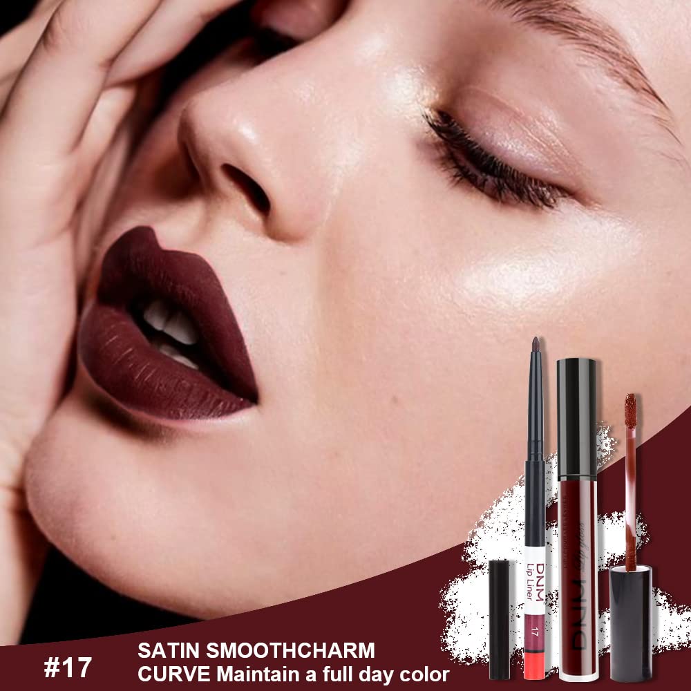 evpct 2Pcs Dark Deep Burgundy Red Matte Lipstick and Lip Liner Makeup Set for Women Dark Blood Red Liquid Matte Brown Lipstick Lip Liner Stain long lasting waterproof Permanent Lipsticks 24 hours 17#