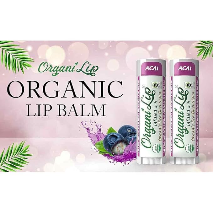 Organic Lip Balm, Acai Flavor, Ultra Hydrating Lip Moisturizer for Cracked or Dry Lips, Infused With Organic Sea Buckthorn, Oval Shaped Tube, USDA Certified Organic, 1 Pack