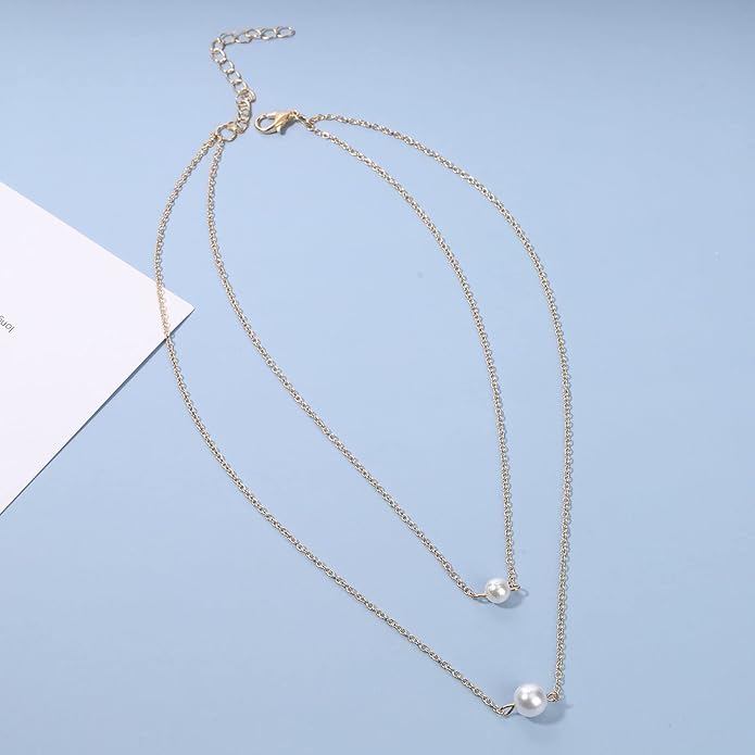 Boho Layered Pearl Necklace Choker Gold Pearl Pendant Necklace Multi Layer Vintage Necklace Chain Bridal Necklace Jewelry for Women and Girls