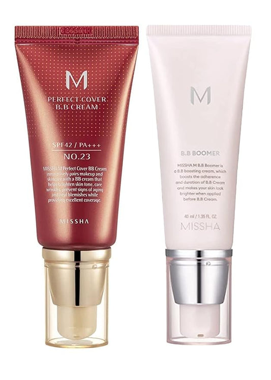 MISSHA M PERFECT COVER BB CREAM No.23 Natural Beige for Light with Neutral Skin Tone SPF 42 PA+++1.69 oz & M BB Boomer 40ml -Lightweight, Multi-Function, High Coverage