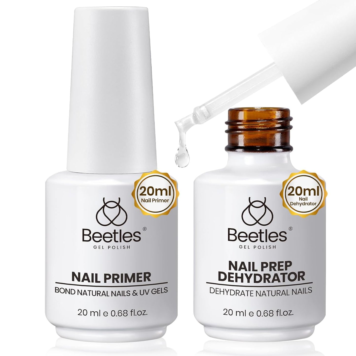 Beetles 20ml 2Pcs Nail Dehydrator and Primer, Large Capacity Acid Free Acrylic Nail Prep Dehydrate and Primer for UV Gels Superior Bonding Professional Salons Set