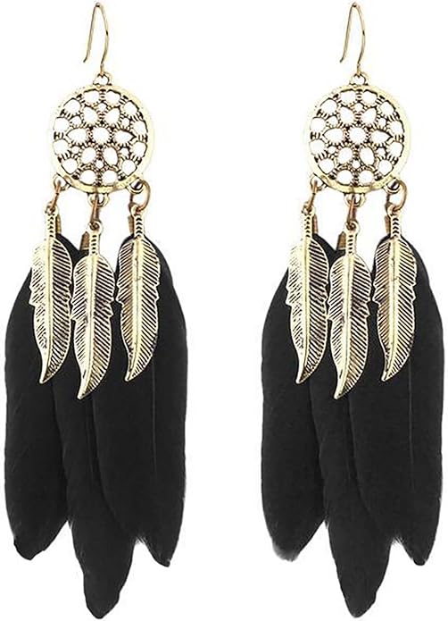 Boho Black Feather Dangle Earrings Long Feather Tassel Earrings Vintage Tribal Feather Earrings Gold Feather Drop Earrings Jewelry for Women