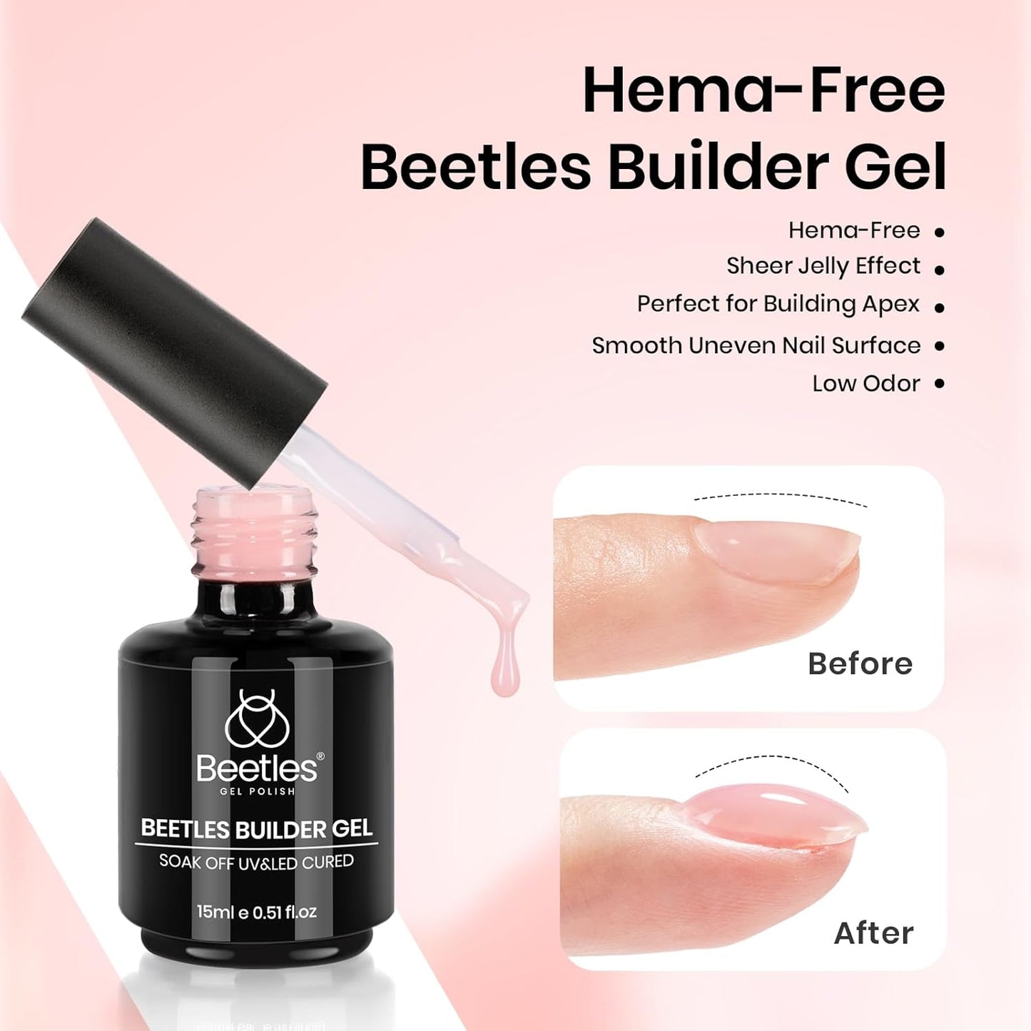 Beetles Hema Free Pink Builder Gel with No Wipe Gel Top Coat and Base Coat Shine Finish and Long Lasting, Soak Off LED Jelly Nude Builder Nail Strengthener Extension Thickening & Repair