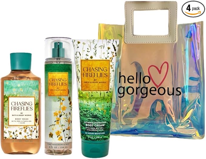 Bath & Body Works - 3 Piece Bundle - Spray - Body Cream - Shower Gel - Full Size and Gift Bag HELLO GORGEOUS (Chasing Fireflies)