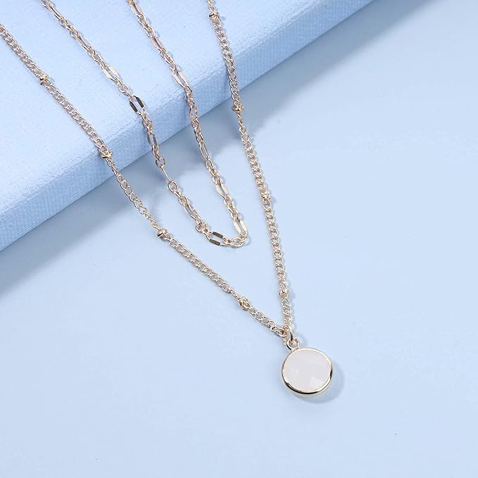 Boho Layered Opal Moonstone Necklace Choker Gold Round Opalite Necklace Clear Quartz Necklace Faceted Crystal Pendant Necklace Chain Jewelry for Women and Girls