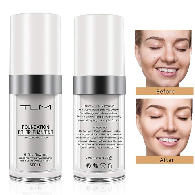 TLM Color Changing Foundation,Nude Makeup Color Changing Concealer,2Pack,All Day Flawless Moisturizing Oil Control Concealer Full Coverage Liquid Foundation Hides Lines