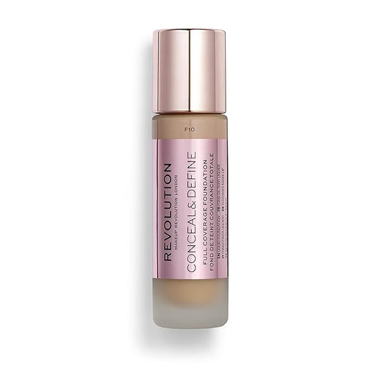 Makeup Revolution Conceal & Define Foundation, Cream Foundation Makeup, Full Coverage, For Medium Skin Tones, Vegan & Cruelty-Free, F10, 23ml