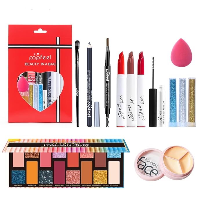 All in One Eyeshadow Palette Makeup Set, Makeup Kit with Rich Color Matte Matalic Shimmer Shadow, Mascara, Concealer Lipstick,Travel Makeup Bundle Holiday Surprising Makeup Box for Women Girl