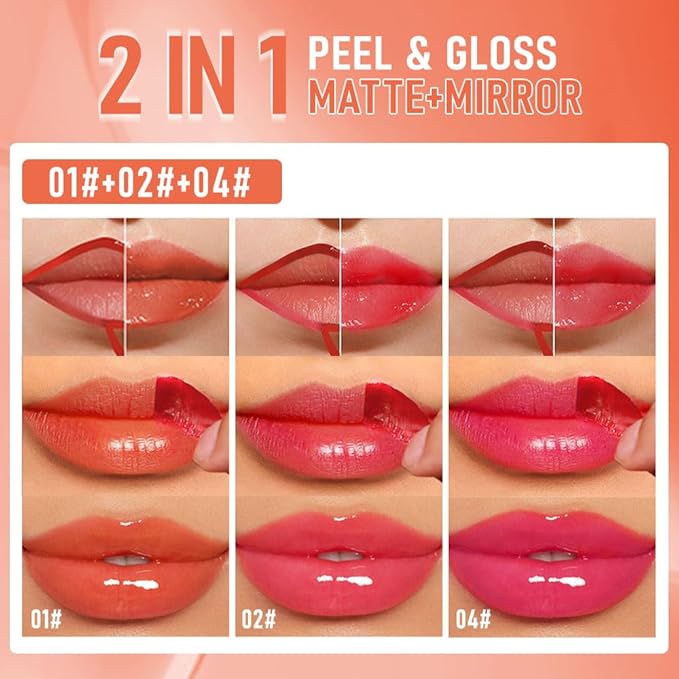 3Pcs Peel Off Lip Gloss Tattoo and Lip Oil, Lip Stain Peel Off Masque - Peel Off Lip Tint ,Long Lasting Waterproof Transfer-proof Lip Mask Lip Gloss Peel Off Lip Liner,Stay Lip Makeup 01#+02#+04#