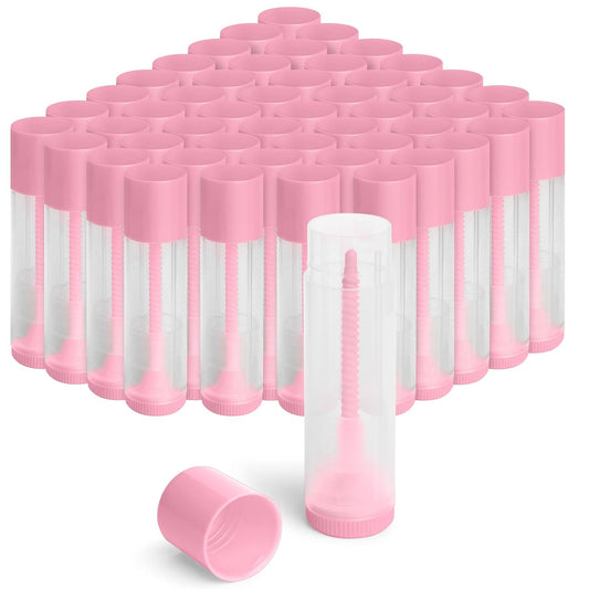 JuLand 50 Pack Empty Lip Balm Containers Bulk 5.5ml - Clear Twist-Up Tubes with Pink Caps, Refillable Chapstick Tube for DIY Lip Balm Making