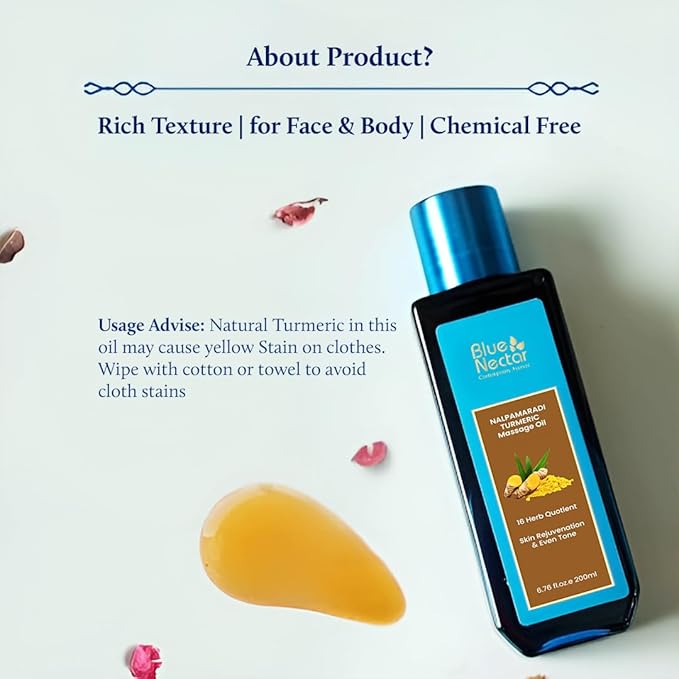 Blue Nectar Nalpamaradi Tailam Skin Radiance Oil with Turmeric | Plant Based Body Oil and Face Oil Infused with Turmeric, Amla and Manjistha (16 Herbs, 3.38 Fl Oz)