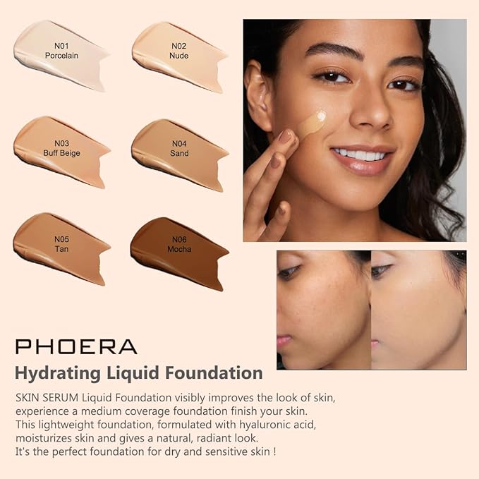 PHOERA Hydrating Serum Foundation,Makeup Base Foundation Hypoallergenic and Flawless Full Coverage. (N04 Sand)