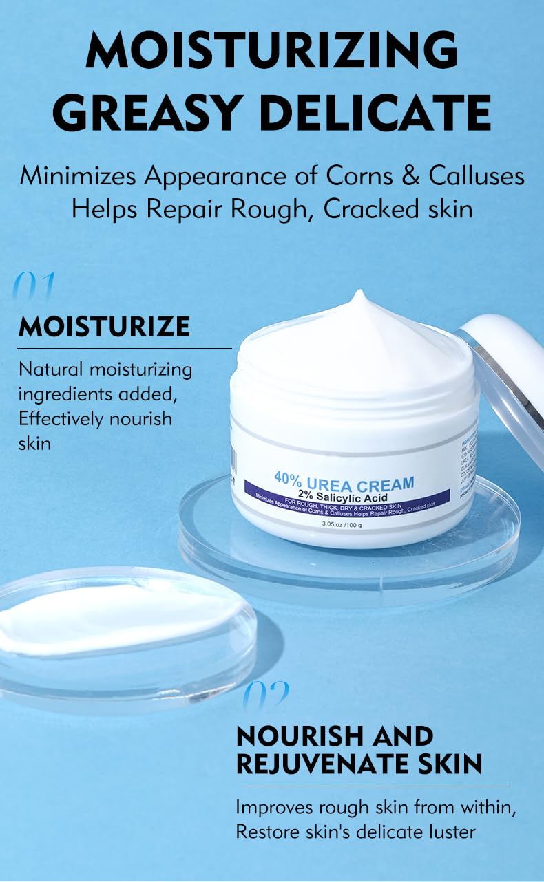 40% Urea Cream plus Salicylic Acid 2%, Anti-Cracking Nourishing and Moisturizing Hand and Foot Cream，Softens Cuticles on Rough Skin of Hands and Feet，3.05 OZ