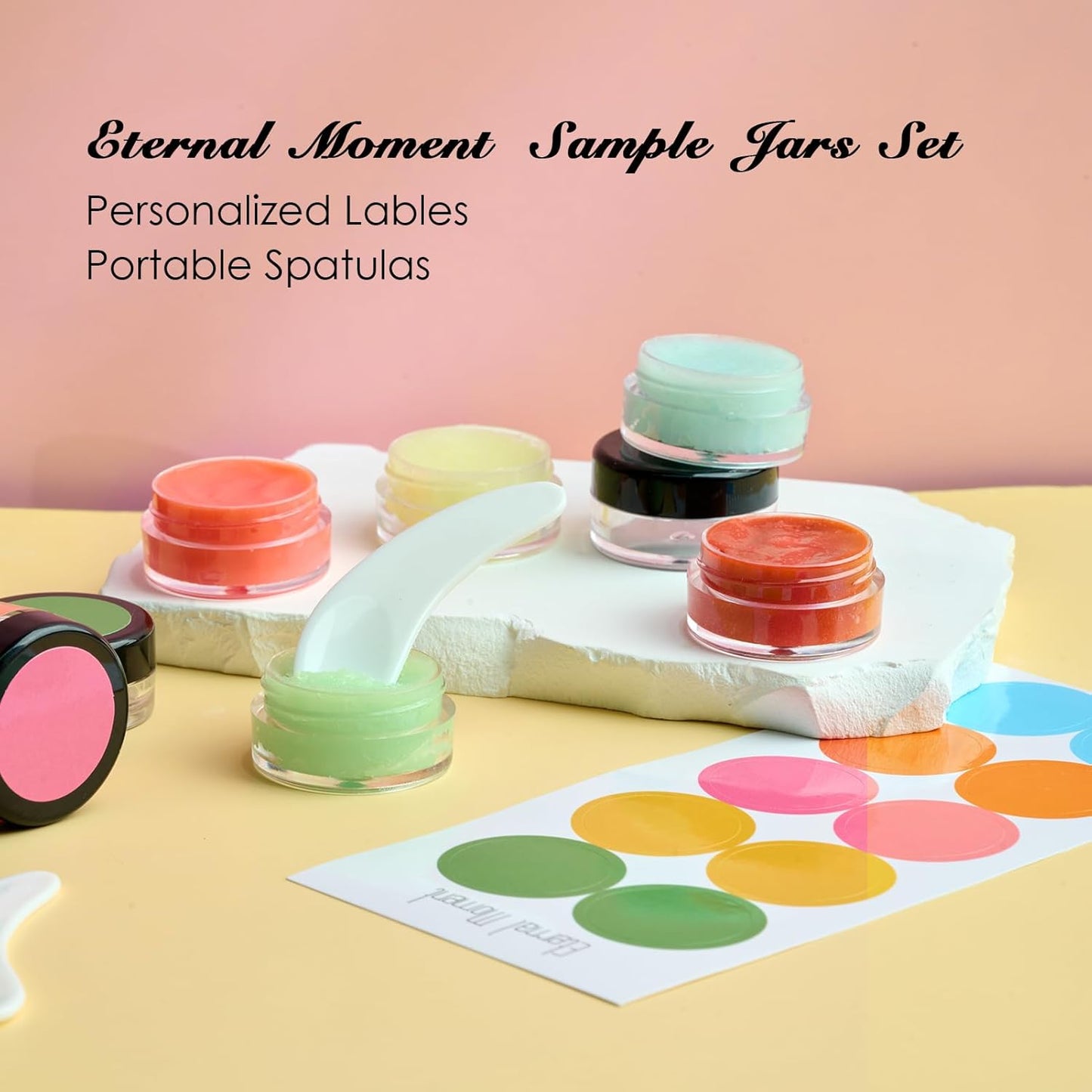 50 Pack 3 Gram Sample Containers with Lids, Small Plastic Cosmetic Jars, Makeup Travel Container Jar for Cream, Bead, Eye Shadow, Jewelry, Lotions, Powders, Glitters Lip Gloss with Labels,Spatulas