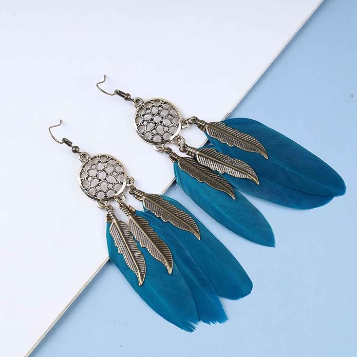 Boho Black Feather Dangle Earrings Long Feather Tassel Earrings Vintage Tribal Feather Earrings Gold Feather Drop Earrings Jewelry for Women