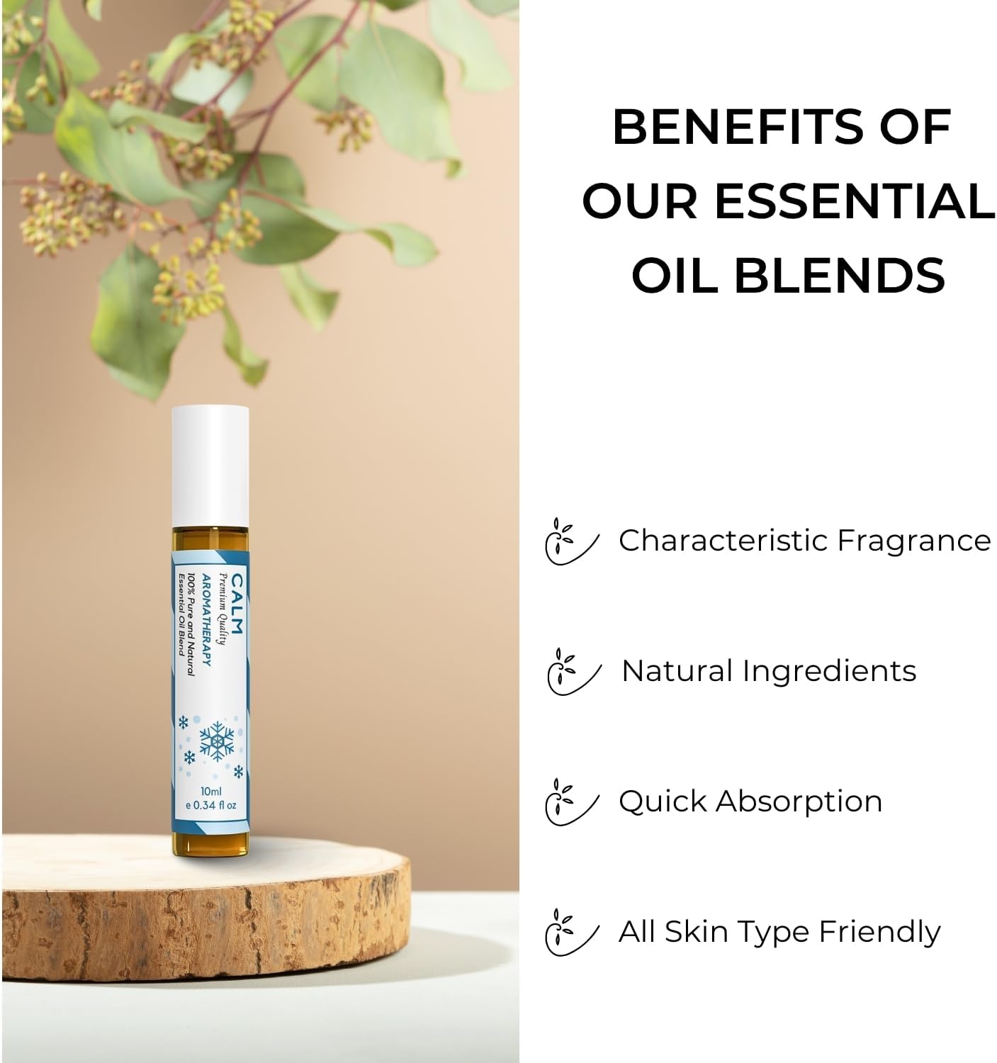 Benatu Calm Essential Oil Roll On Blend (with Ginger, Patchouli, Lemon Oil), Travel Size Relaxing Roller for Body Topical Massage, Natural Scent Aromatherapy Gift for Women & Men 10ml