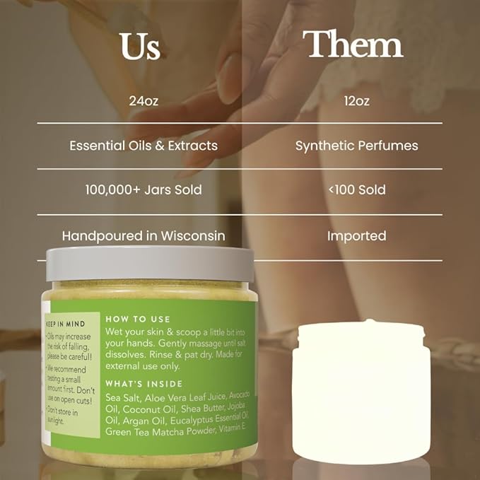 Bare Botanics Matcha Eucalyptus Body Scrub 24 oz - Naturally Scented Sea Salt Scrub Made in Madison, WI - Formulated w/Skin Loving Moisturizers - Vegan, Cruelty Free Exfoliator w/a Cute Wooden Spoon